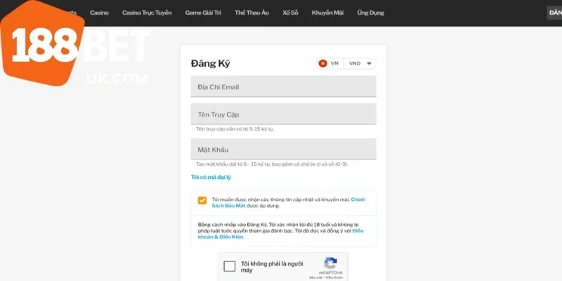 Người chơi cần nhập đúng các thông tin yêu cầu của 188BET khi đăng ký tài khoản